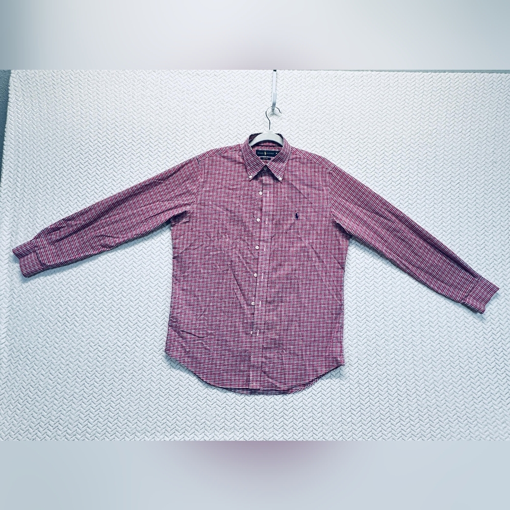Ralph Lauren Classic Fit Shirt Adult medium Red Button Up Plaid Oxford Mens EUC